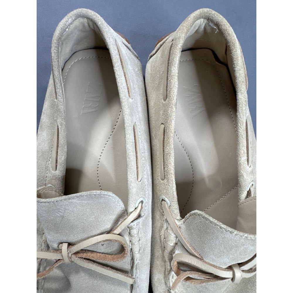 Zara Mens Suede Driving Loafers Sand Beige Leather Tie Slip On Shoes 42 - Picture 6 of 15